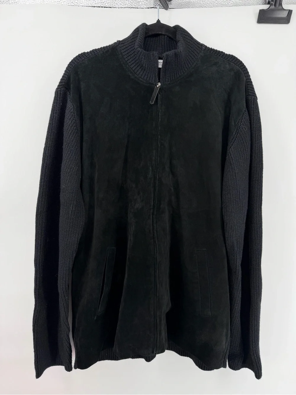 Mens Black Suede Front Cardigan Sweater XL Silk Wool Blend Full Zip Knit Jacket⁠